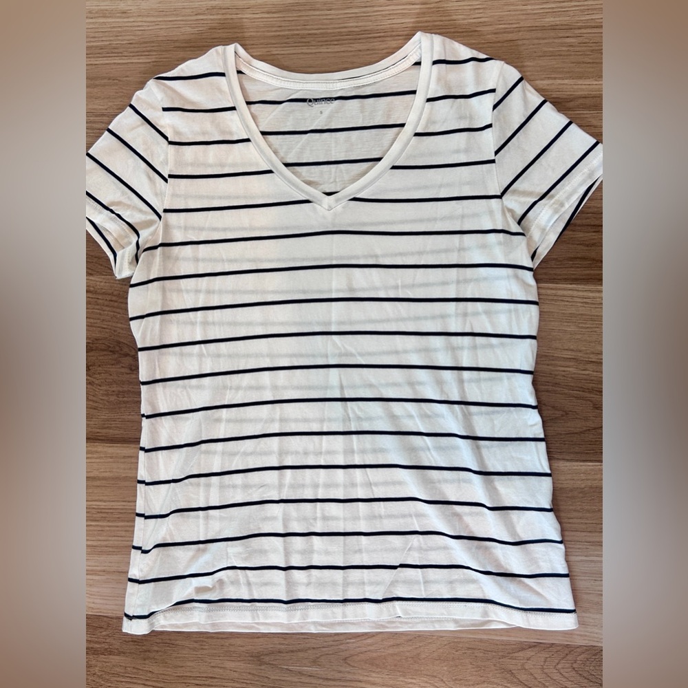 Quince Cotton Modal V Neck T Shirt Womens Sm Black White Stripe Casual Capsule